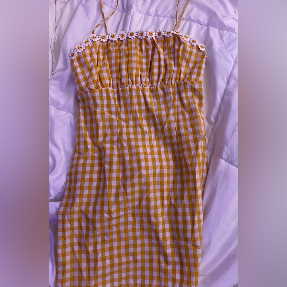 Yellow and white checkered sunflower mini dress